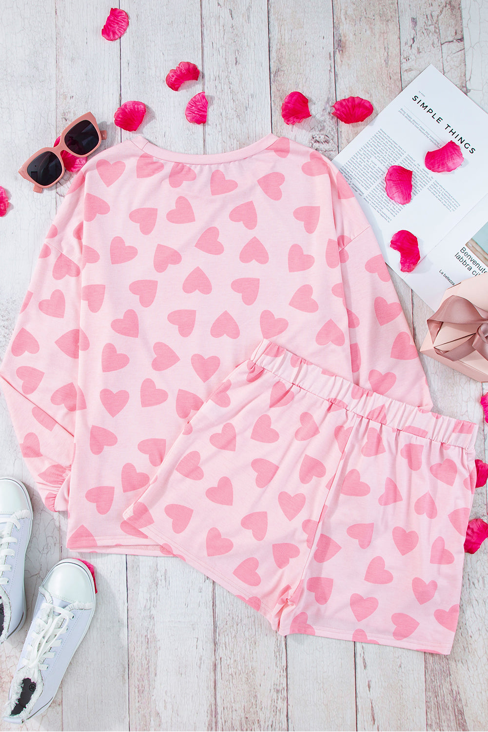 Heart Print Long Sleeve Top and Shorts Lounge Set