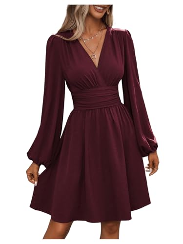 Milumia Women's Ruched Lantern Long Sleeve Wrap V Neck Flared Elegant Short Dresses Red Violet XX-Large