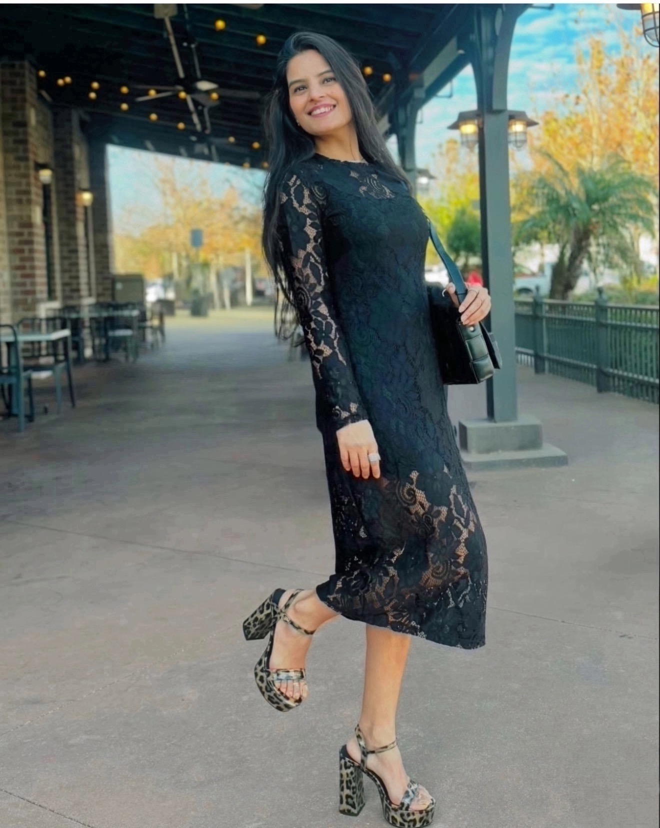 Lace Round Neck Long Sleeve Midi Dress