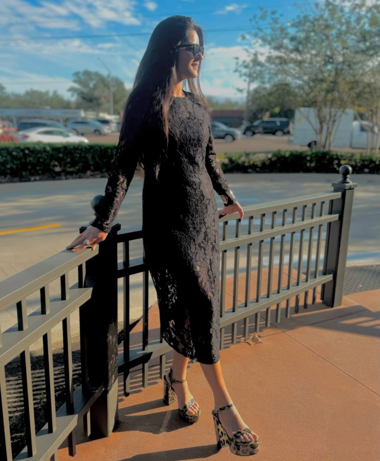 Lace Round Neck Long Sleeve Midi Dress