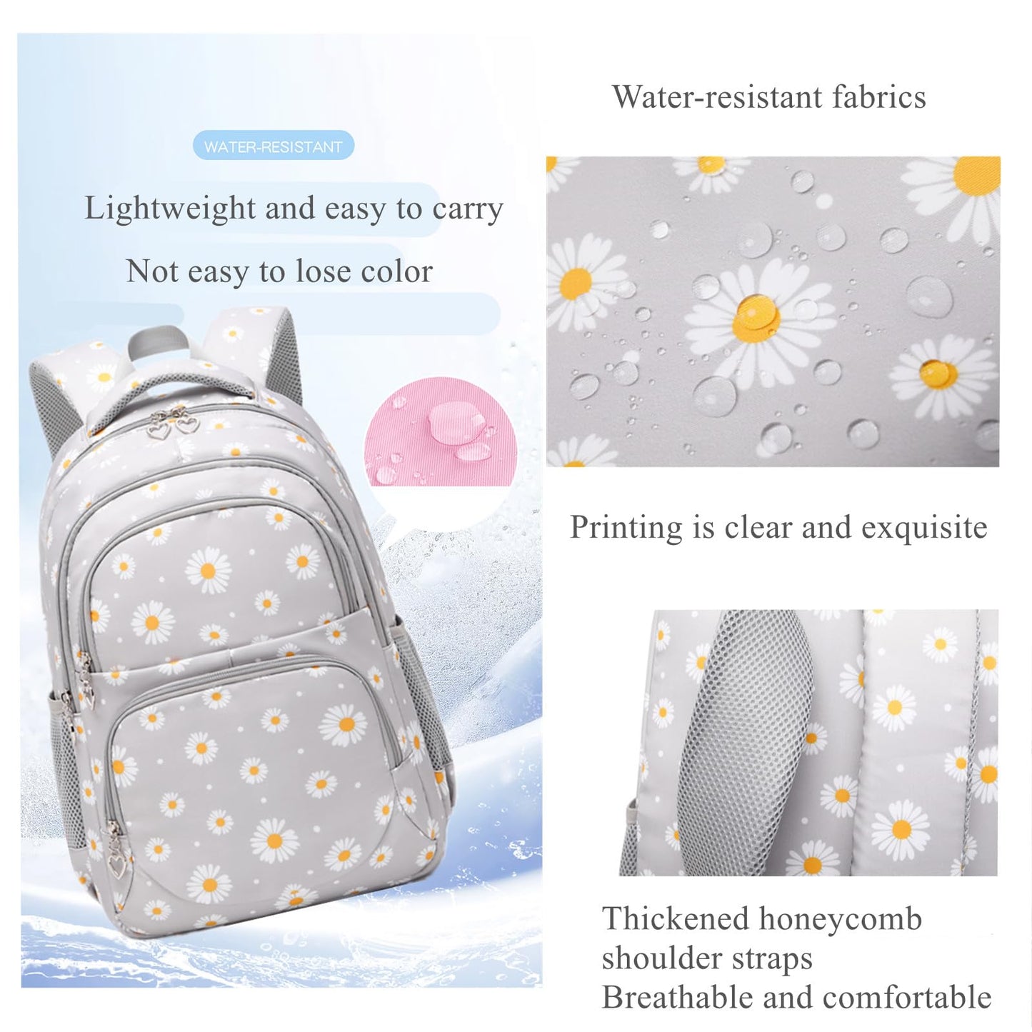 3Pcs Daisy Prints Backpack Sets Kids Bookbag Primary School Daypack Elementary Students Knapsack for Teens Girls - Bella Blue Styles