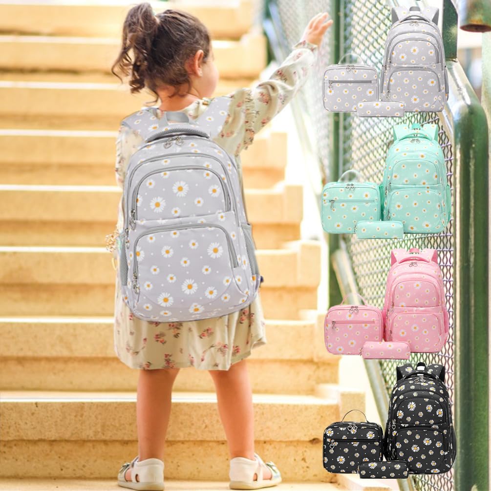 3Pcs Daisy Prints Backpack Sets Kids Bookbag Primary School Daypack Elementary Students Knapsack for Teens Girls - Bella Blue Styles