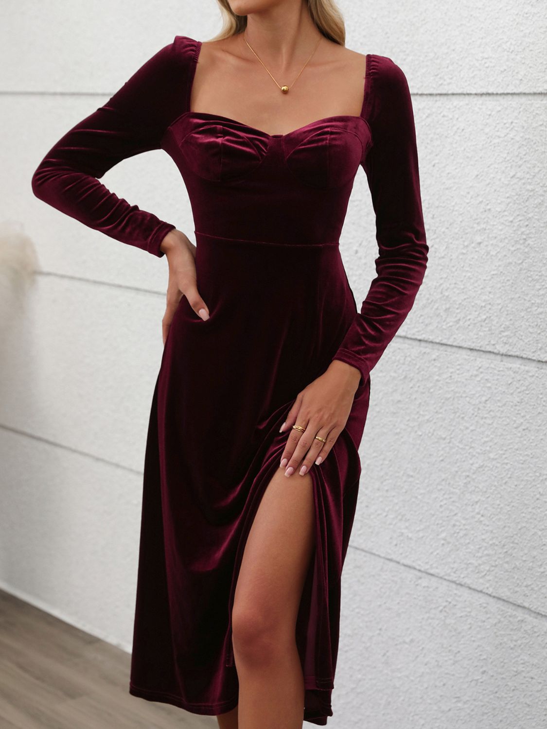 Perfee Sweetheart Neck Long Sleeve Midi Dress