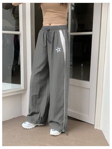 SOLY HUX Women's Y2k Baggy Parachute Pants Elastic High Waisted Sweatpants Track Pants Streetwear Grey Star Small