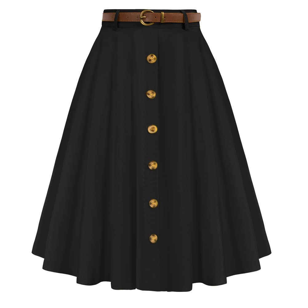 Plus Size A-Line Midi Skirt for Women High Waisted Flared Skirts Below Knee Black 2XL