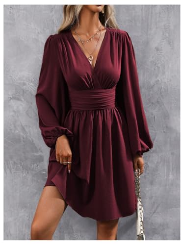 Milumia Women's Ruched Lantern Long Sleeve Wrap V Neck Flared Elegant Short Dresses Red Violet XX-Large