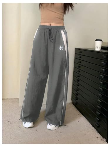 SOLY HUX Women's Y2k Baggy Parachute Pants Elastic High Waisted Sweatpants Track Pants Streetwear Grey Star Small