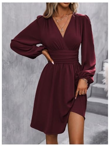 Milumia Women's Ruched Lantern Long Sleeve Wrap V Neck Flared Elegant Short Dresses Red Violet XX-Large