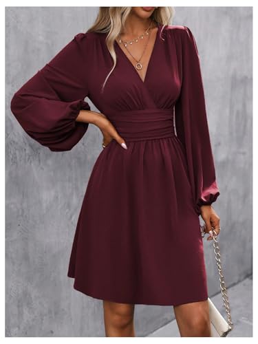 Milumia Women's Ruched Lantern Long Sleeve Wrap V Neck Flared Elegant Short Dresses Red Violet XX-Large