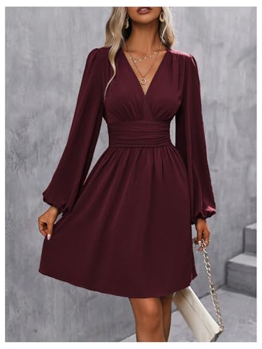 Milumia Women's Ruched Lantern Long Sleeve Wrap V Neck Flared Elegant Short Dresses Red Violet XX-Large