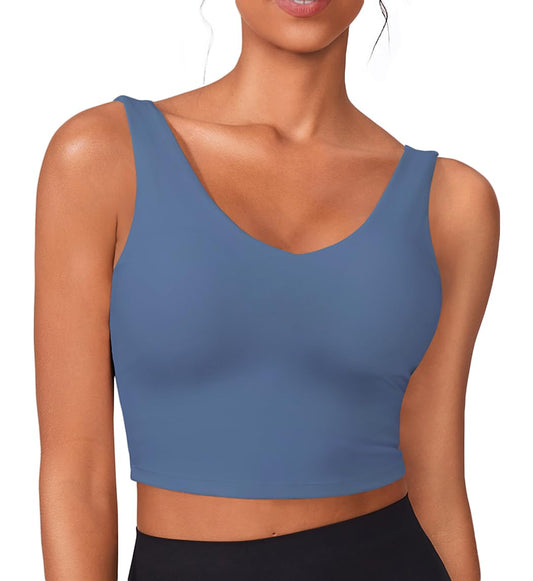 PINSPARK Sport Bras for Women Athletic Tank Tops Padded Yoga Tops with Built in Bras Soft Wirefree V Neck Workout Tank X-Large,Oasis Blue