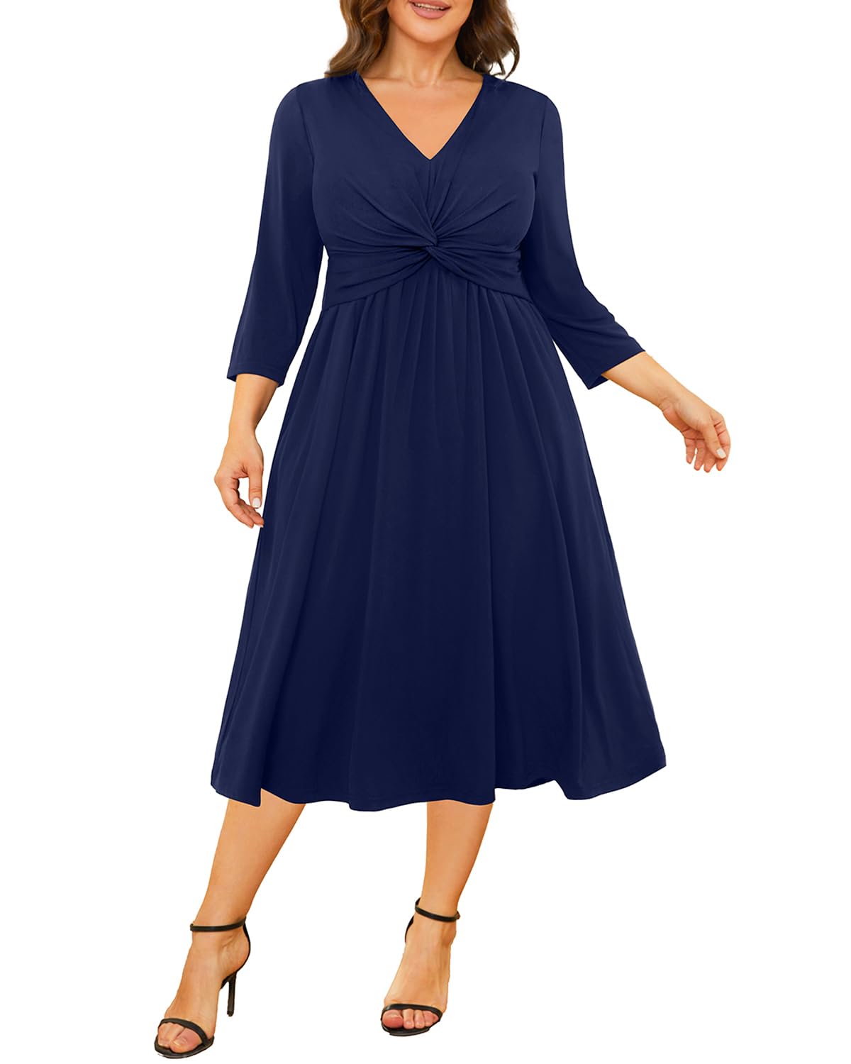 Talisea Navy Blue Dress for Women Plus Size semi Formal 3/4 Sleeve Wedding Guest Casual Cocktail Summer Fall Curvy midi