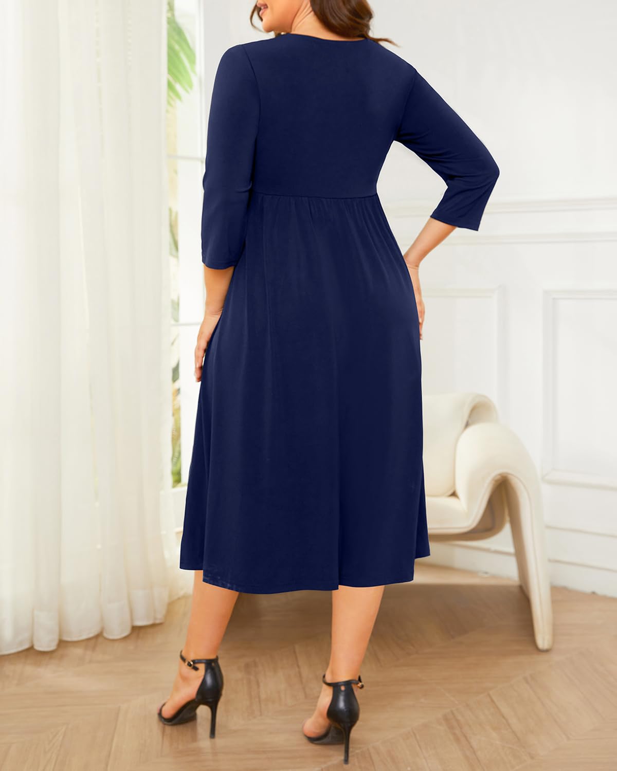 Talisea Navy Blue Dress for Women Plus Size semi Formal 3/4 Sleeve Wedding Guest Casual Cocktail Summer Fall Curvy midi