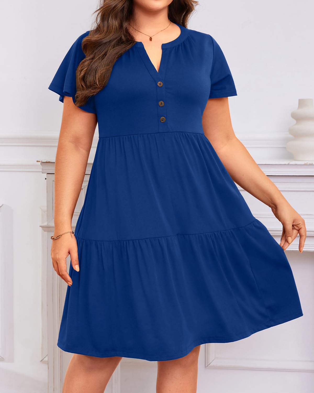 Talisea Plus Size Summer Dress Casual Dark Blue Beach Short Sleeve V Neck Ruffle Tiered Button Up Cotton Flowy Sundresses Women