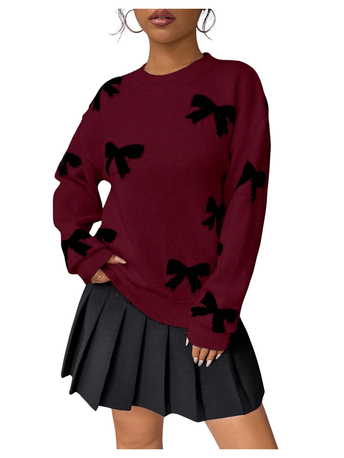 Milumia Women's Bow Print Long Sleeve Drop Shoulder Sweater Crew Neck Knit Pullover Tops Burgundy Large