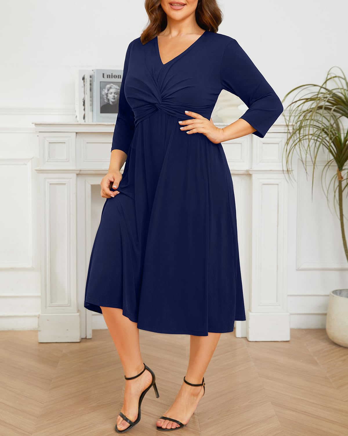 Talisea Navy Blue Dress for Women Plus Size semi Formal 3/4 Sleeve Wedding Guest Casual Cocktail Summer Fall Curvy midi