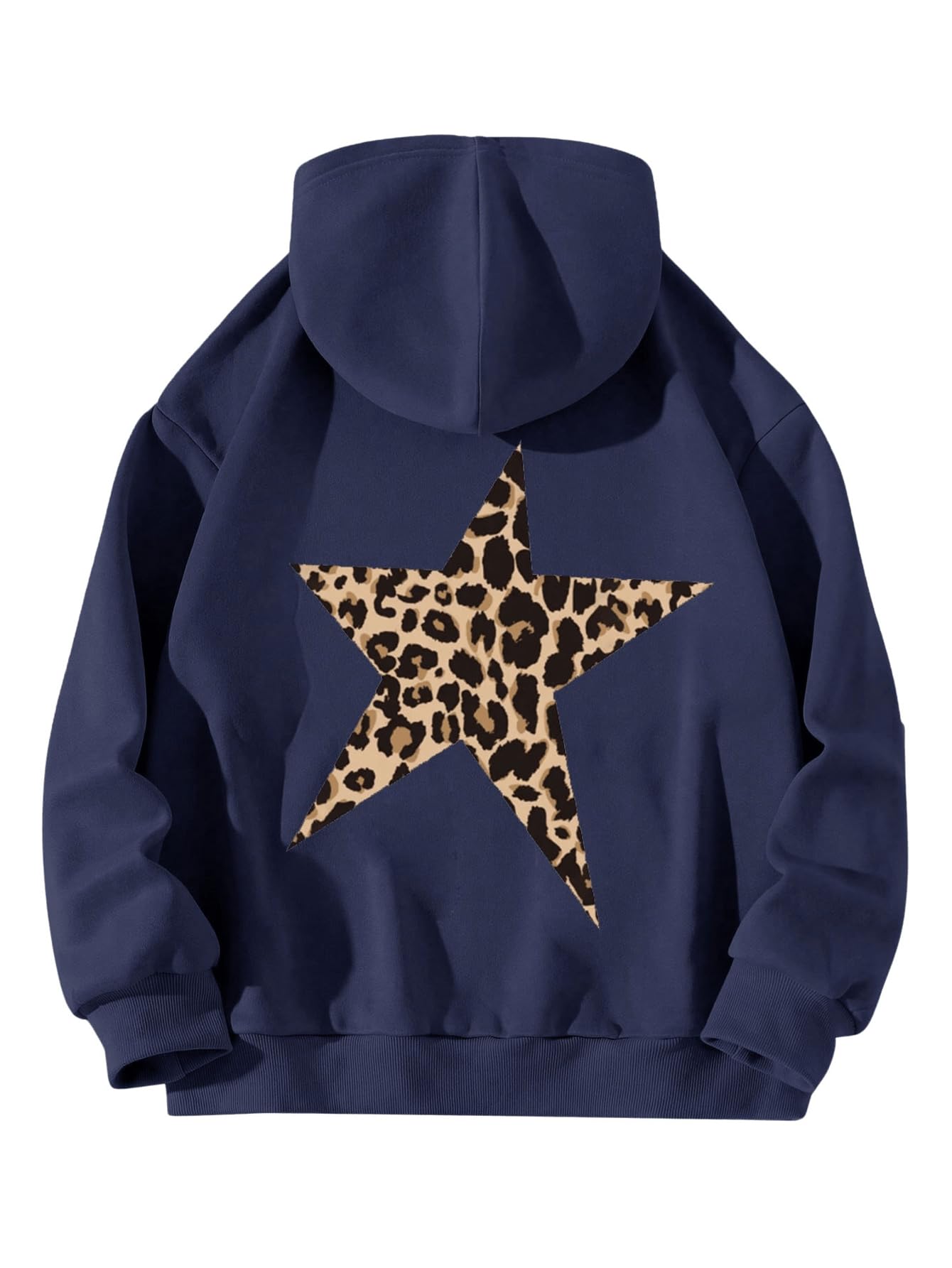 WDIRARA Women's Leopard Star Graphic Hoodie Long Sleeve Oversized Pullover Top Casual Sweatshirt Blue Medium