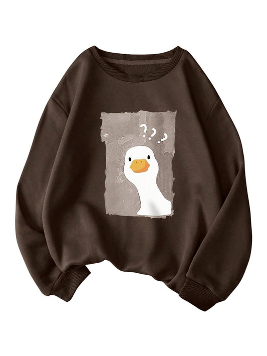 WDIRARA Women's Cartoon Duck Printed Crew Neck Sweatshirt Graphic Long Sleeve Loose Pullover Chocolate Brown Medium