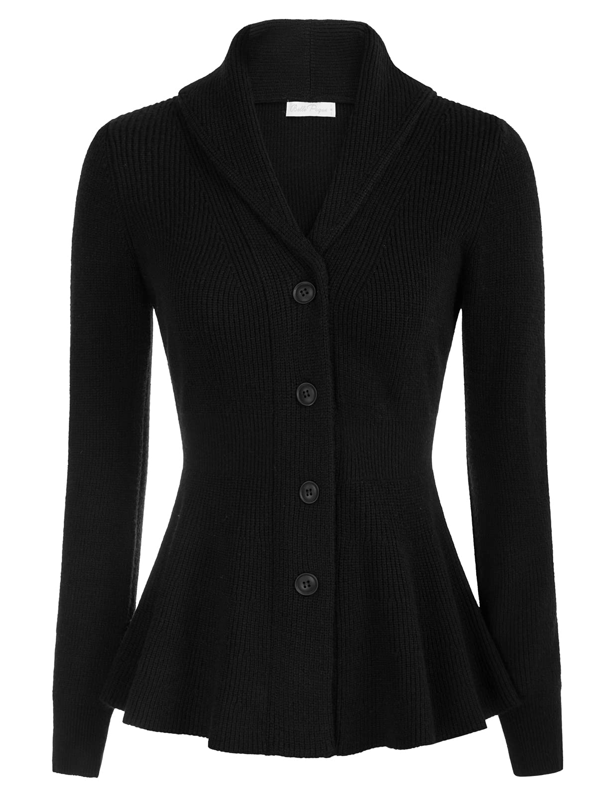 Belle Poque Women Shawl Collar Cardigan Sweater Soft Elegant Sweater for Office Peplum Hem Sweater for Work (Black, S)