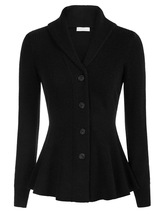 Belle Poque Women Shawl Collar Cardigan Sweater Soft Elegant Sweater for Office Peplum Hem Sweater for Work (Black, S)