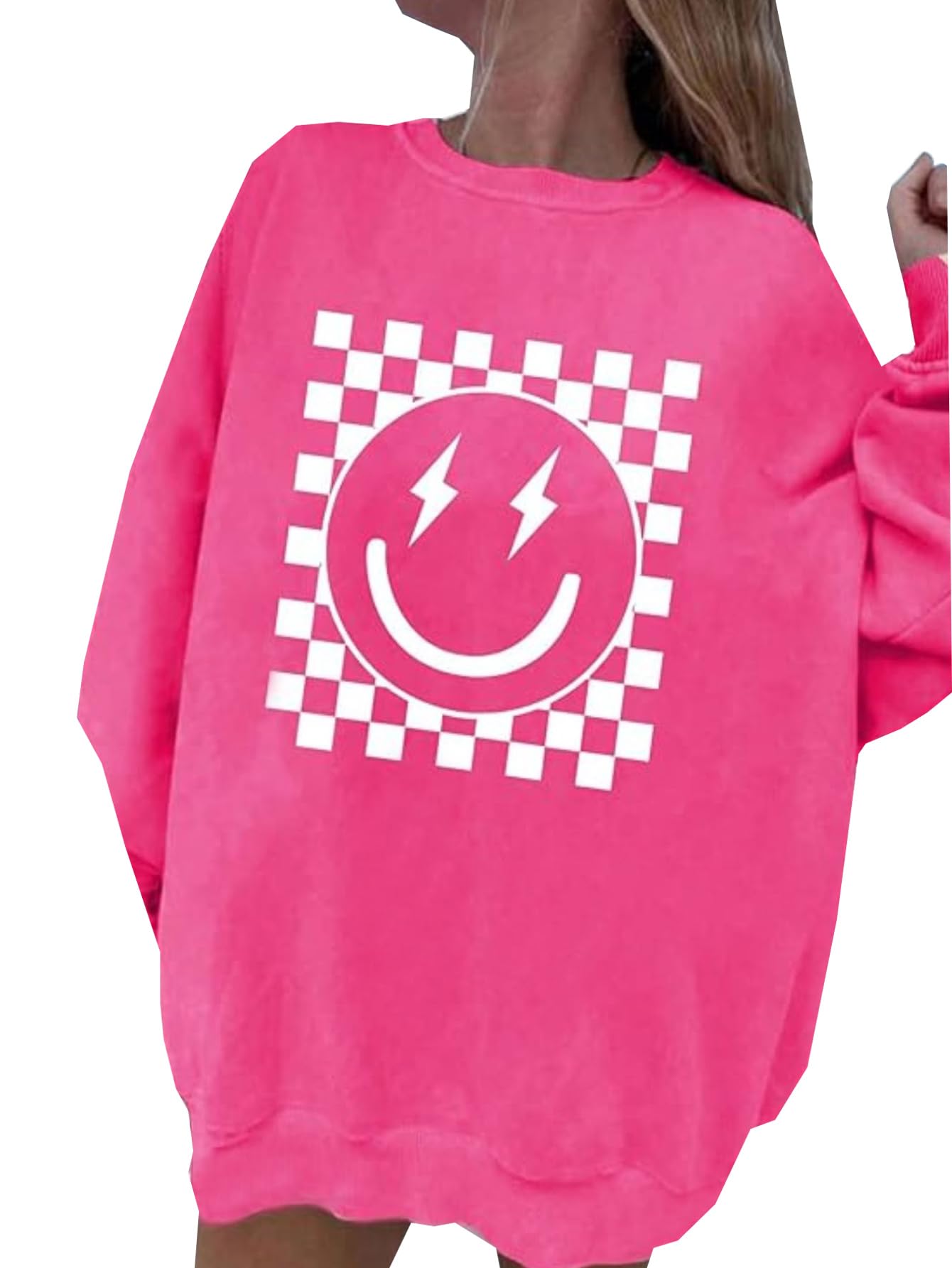 SHENHE Girl's Checkered Sweatshirt Smile Face Graphic Crew Neck Cute Sweatshirt Pullover Top Hot Pink 12 Years