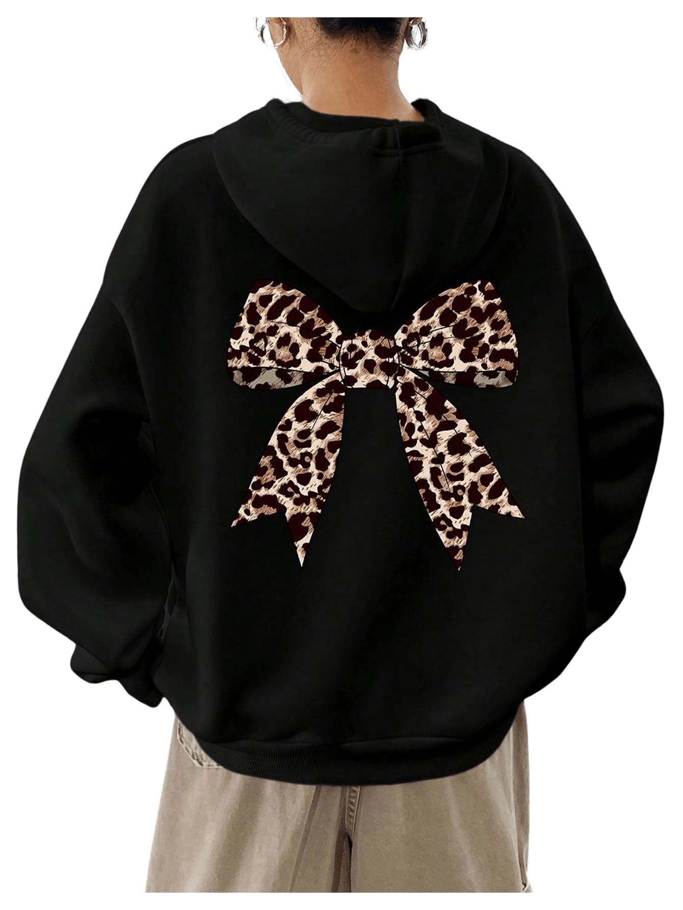 Milumia Women's Leopard Bow Print Drawstring Hoodies Long Sleeve Oversized Sweatshirt Multi Black Large