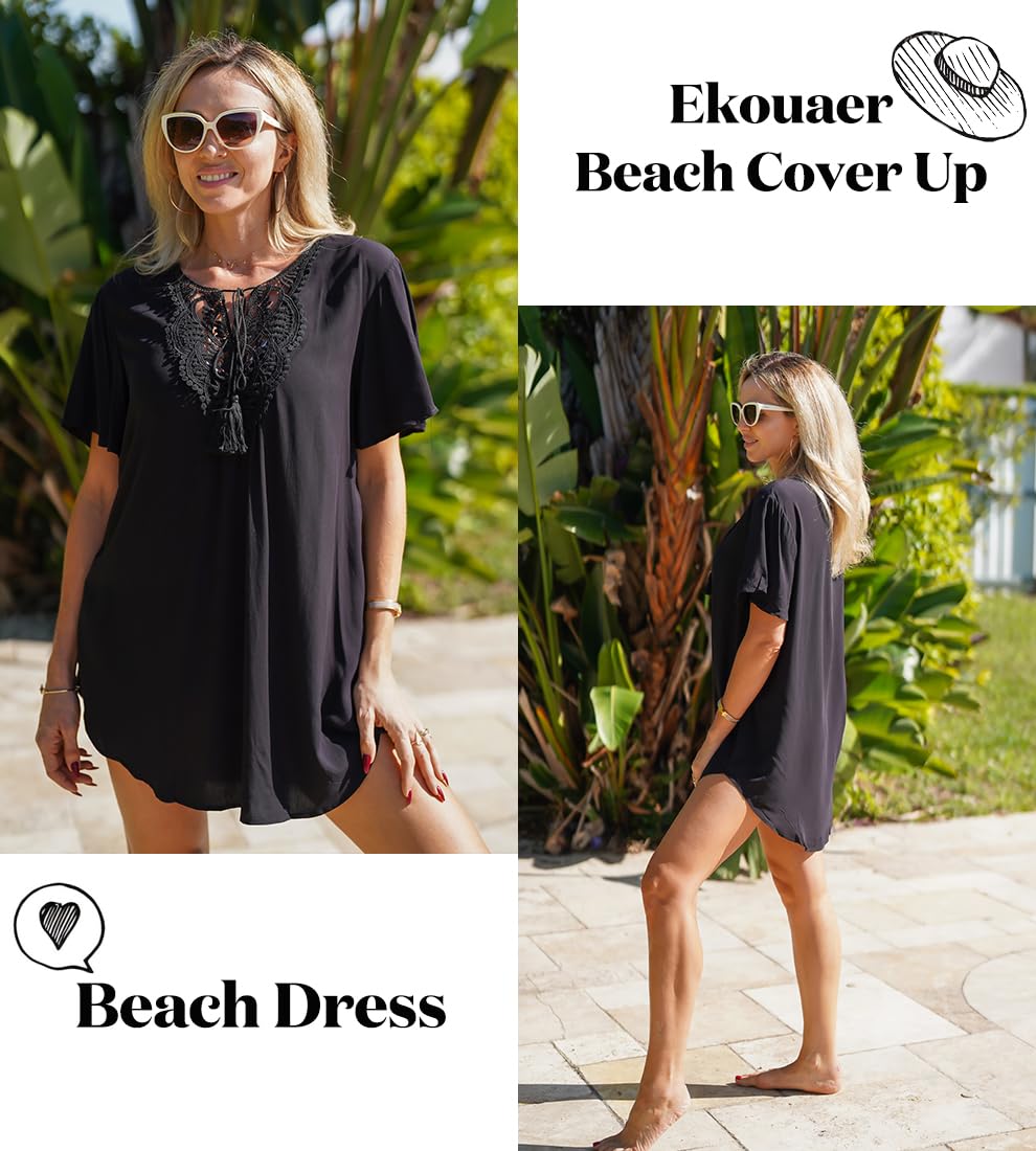 Ekouaer Swimsuit Cover Ups for Women Lace Crochet V-Neck Bikini Beach Coverups Dress for Swimwear Bathing Suit