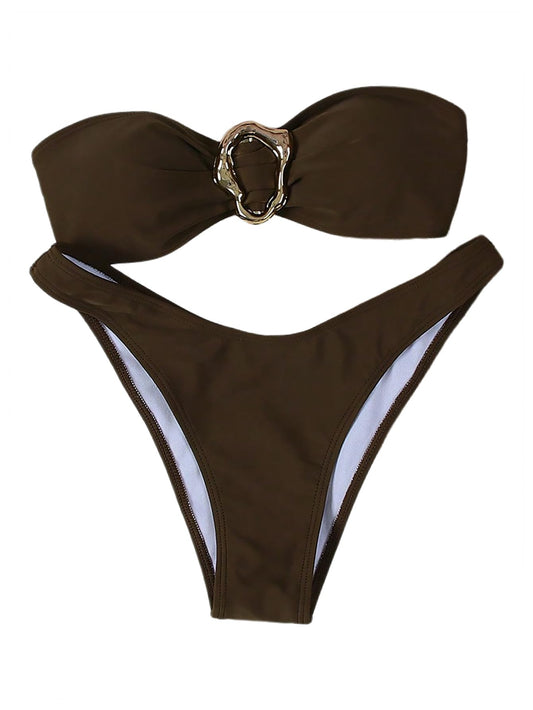 SHENHE Women's 2 Piece Strapless Swimsuits High Cut Metal Ring Tube Top Bandeau Bikini Set Brown Small