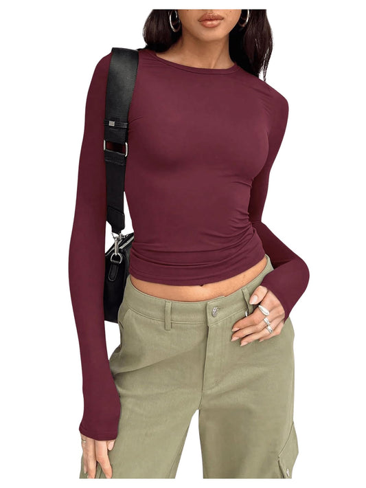 SHENHE Women's Long Sleeve Basic Top Undershirt Shirt Crew Neck Fitted Cropped Tee Shirt Burgundy X-Small