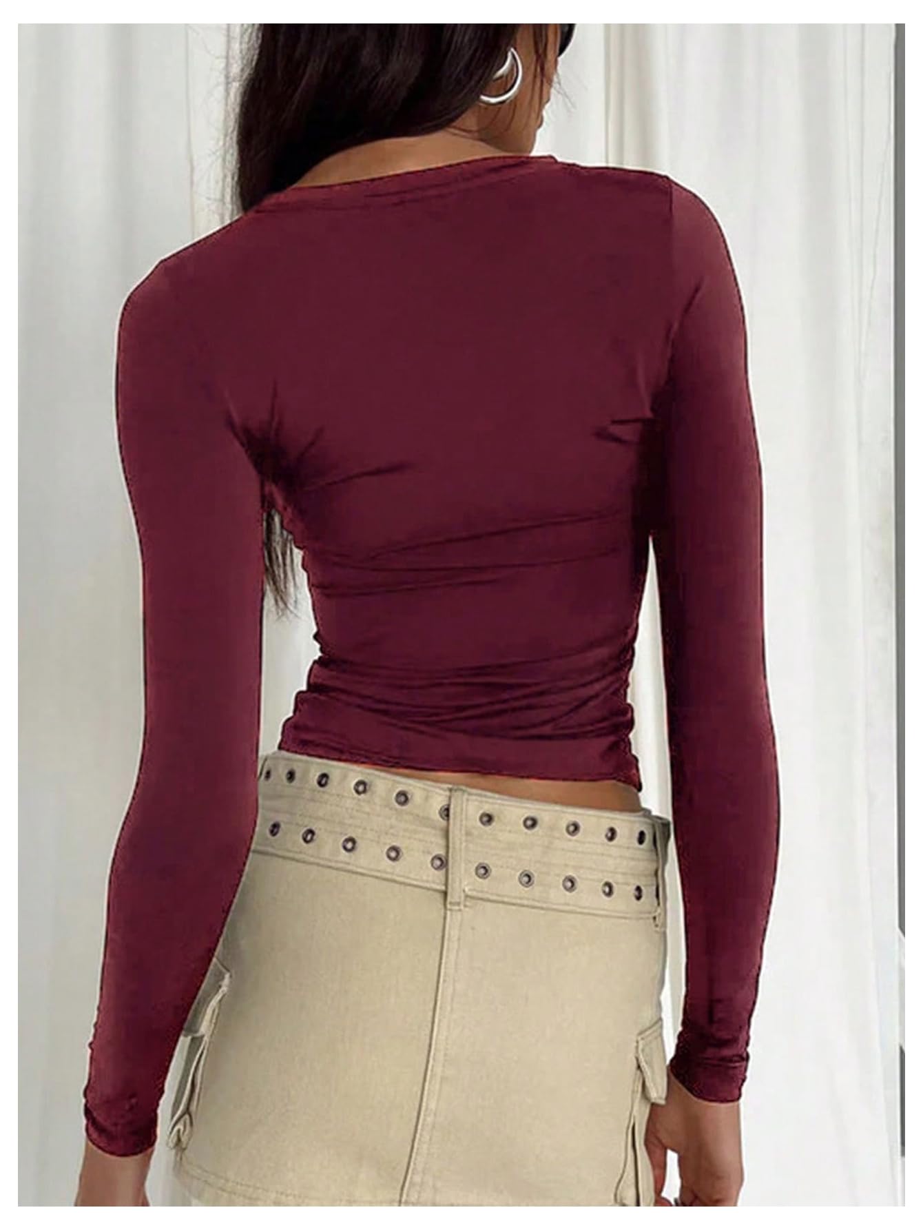 SHENHE Women's Long Sleeve Basic Top Undershirt Shirt Crew Neck Fitted Cropped Tee Shirt Burgundy X-Small