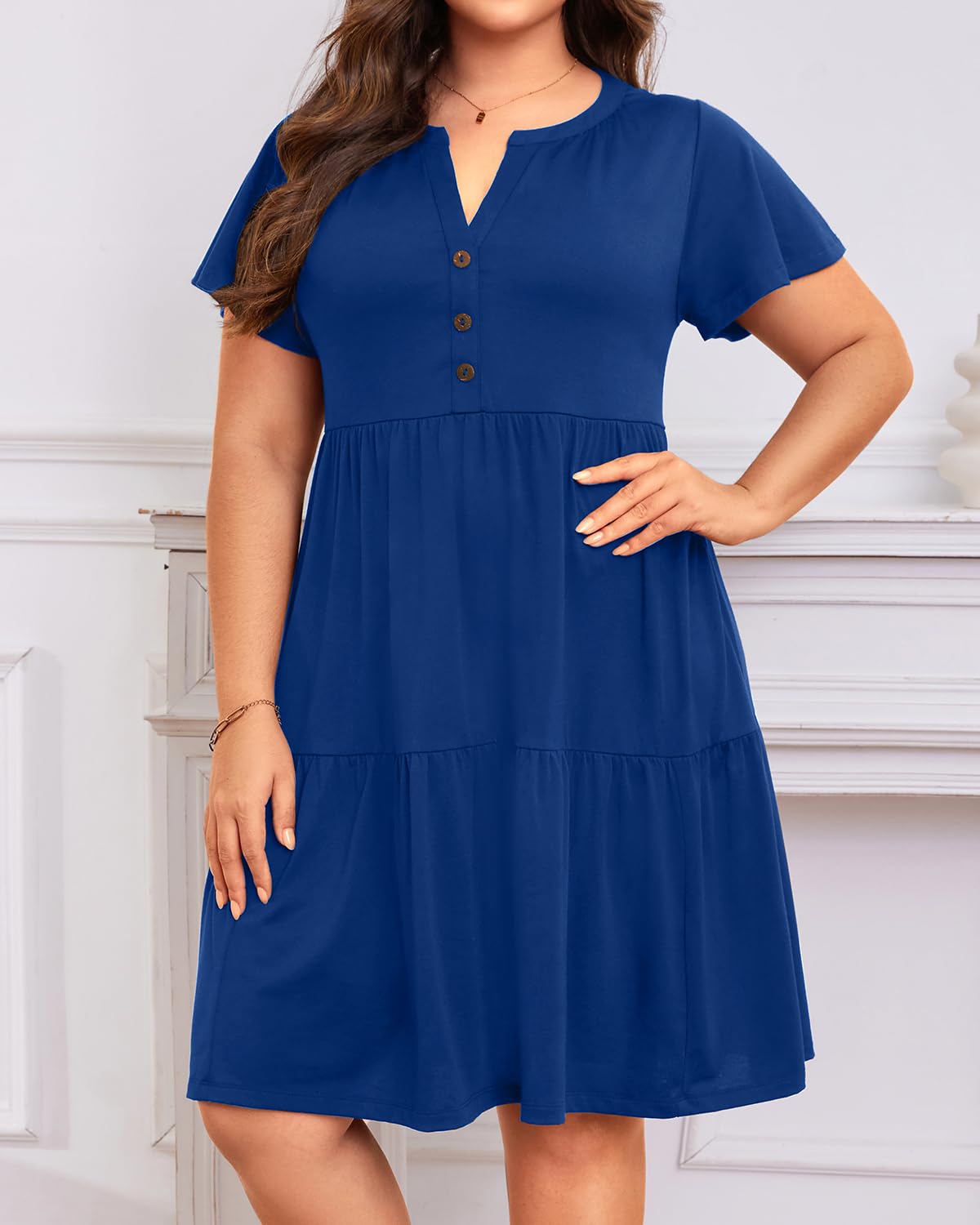 Talisea Plus Size Summer Dress Casual Dark Blue Beach Short Sleeve V Neck Ruffle Tiered Button Up Cotton Flowy Sundresses Women