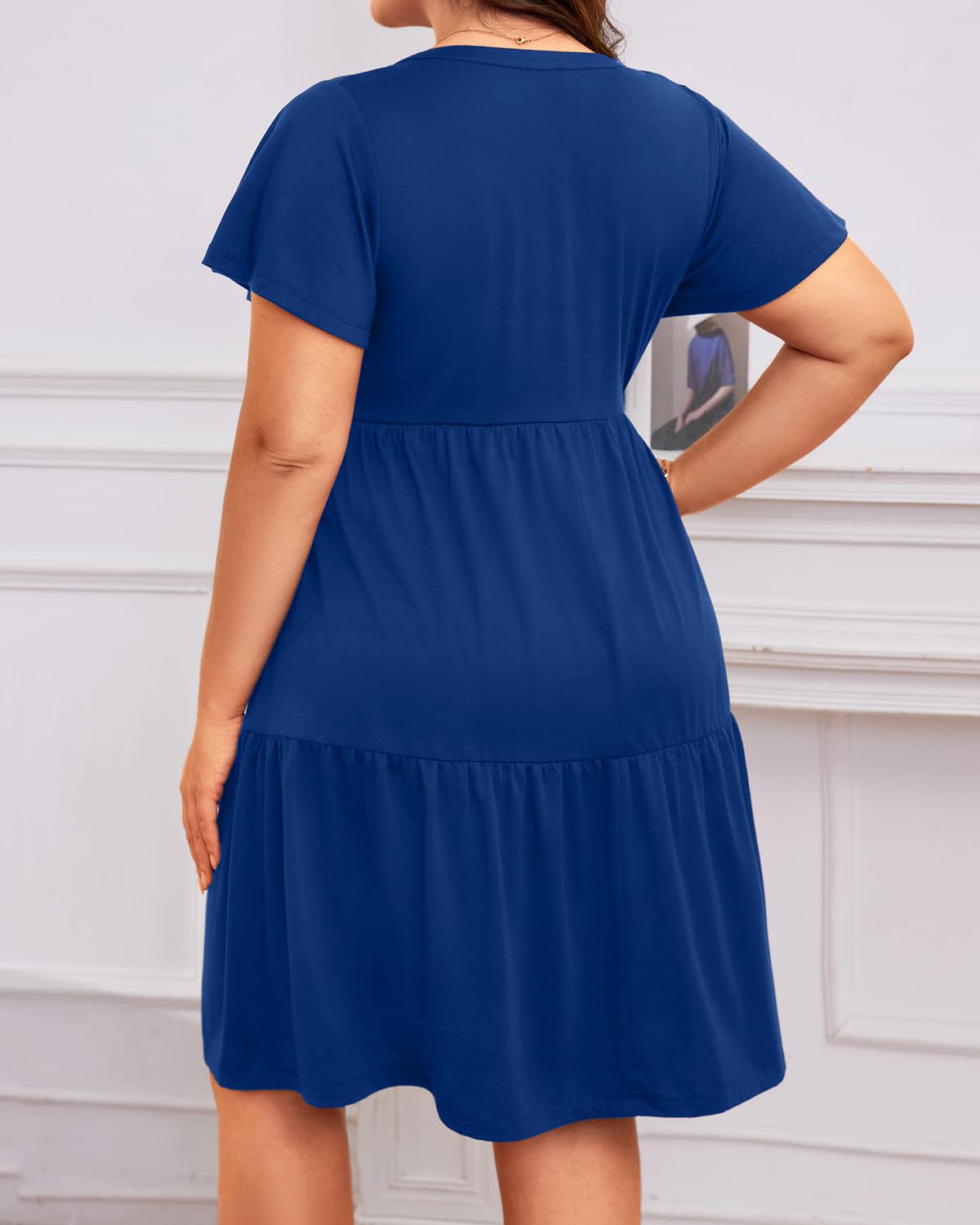 Talisea Plus Size Summer Dress Casual Dark Blue Beach Short Sleeve V Neck Ruffle Tiered Button Up Cotton Flowy Sundresses Women