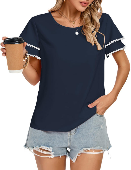 Womens Double Layer Ruffle Short Sleeve Dressy Casual Top Crew Neck Color Block Shirt Keyhole Blouse Navy Blue 2XL