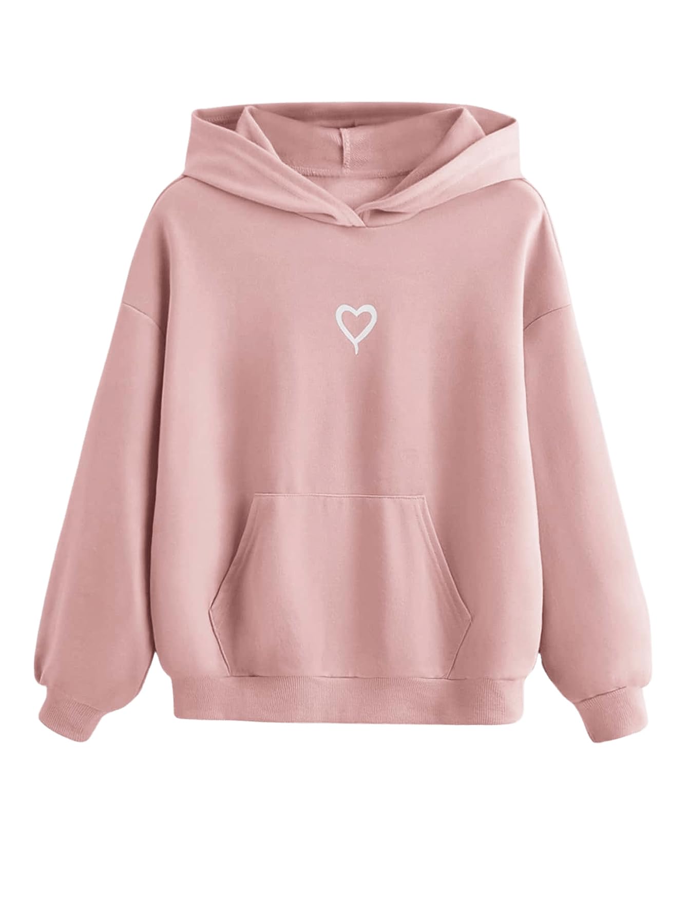 Milumia Girl's Cute Hoodie Heart Print Pocket Front Sweatshirts Drop Shoulder Casual Pullovers for Kid's Fall Outfits Light Pink 14Y