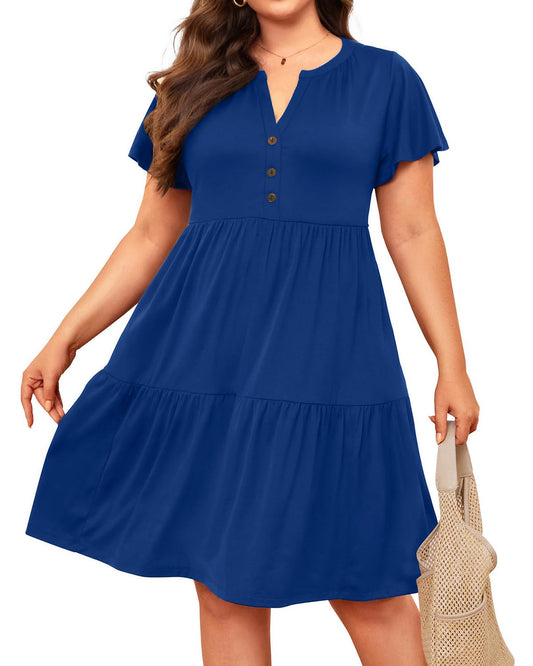 Talisea Plus Size Summer Dress Casual Dark Blue Beach Short Sleeve V Neck Ruffle Tiered Button Up Cotton Flowy Sundresses Women