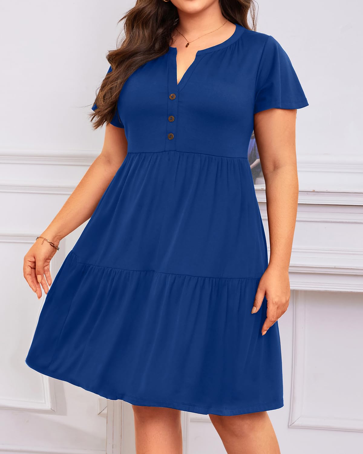 Talisea Plus Size Summer Dress Casual Dark Blue Beach Short Sleeve V Neck Ruffle Tiered Button Up Cotton Flowy Sundresses Women