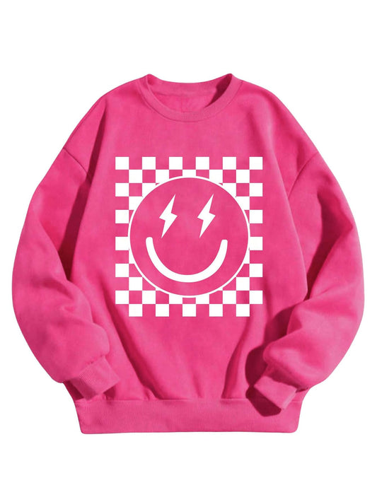 SHENHE Girl's Checkered Sweatshirt Smile Face Graphic Crew Neck Cute Sweatshirt Pullover Top Hot Pink 12 Years