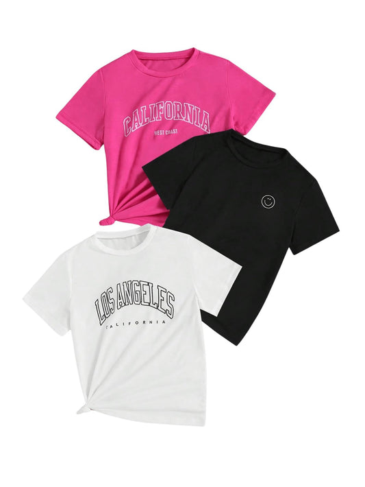 SHENHE Girl's Graphic Tees Crew Neck Short Sleeve Cute Summer Tops 3 Packs T Shirts Black White Pink 12 Years