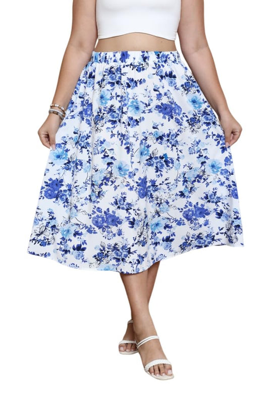 SOLY HUX Women's Plus Size Vintage High Waist A Line Flared Midi Skirt Floral Print Casual Long Skirts Blue Floral Large Plus