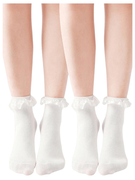 SHENHE Women's 2 Pairs Ruffle Socks Frilly Above Ankle Breathable Mini Crew Socks White One-Size