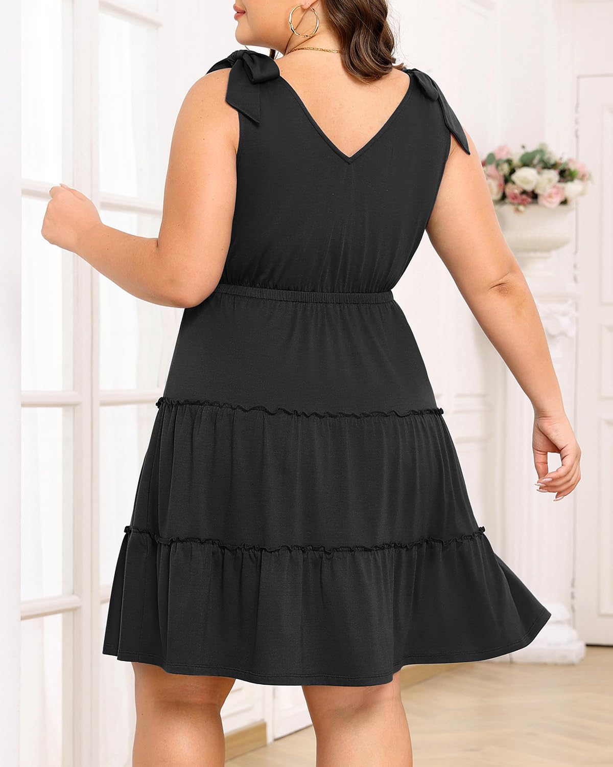 Pinup Fashion Plus Size Summer Dresses for Women Casual Black Sleeveless Graduation Sundress Beach Vacation Flowy Tiered Short Dress