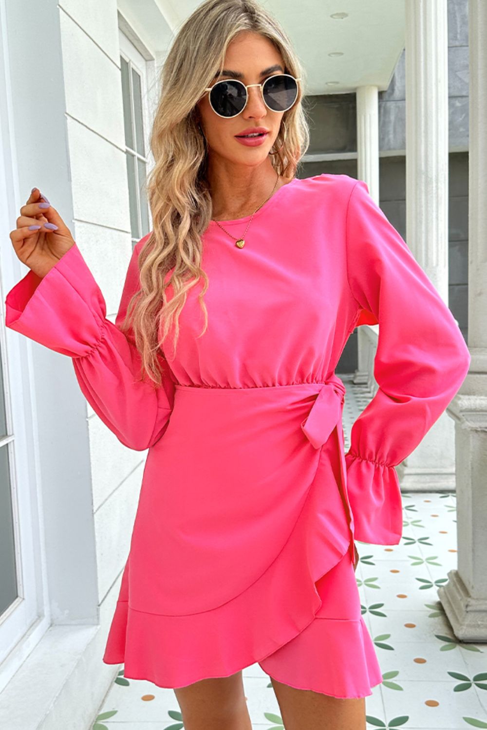 Shiny Round Neck Flounce Sleeve Ruffle Hem Mini Dress