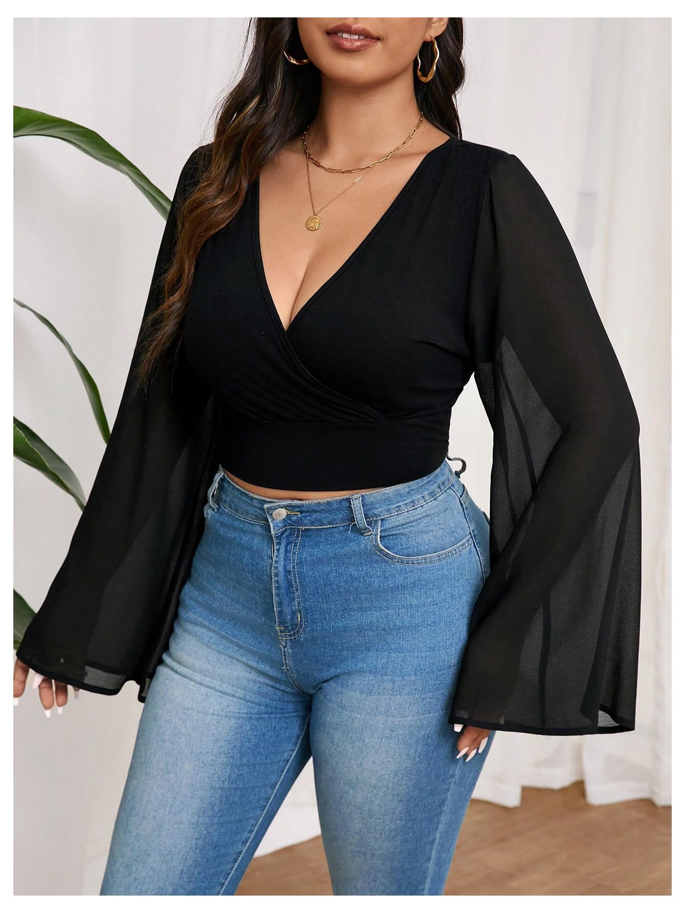 MakeMeChic Women's Plus Size Bell Sleeve Tee Shirt Deep V Neck Wrap Front Crop Tops Black 3XL