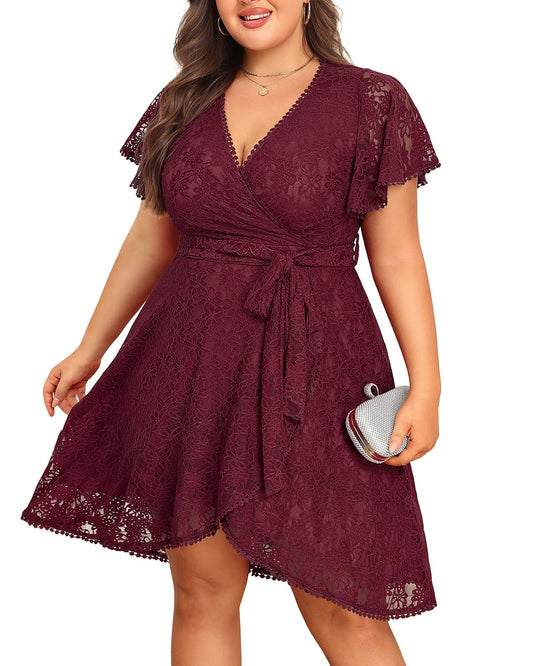 Wedding Guest Dresses Plus Size Burgundy Fall Cocktail Women Red Lace Semi Formal Maroon Holiday Party Valentines Dress