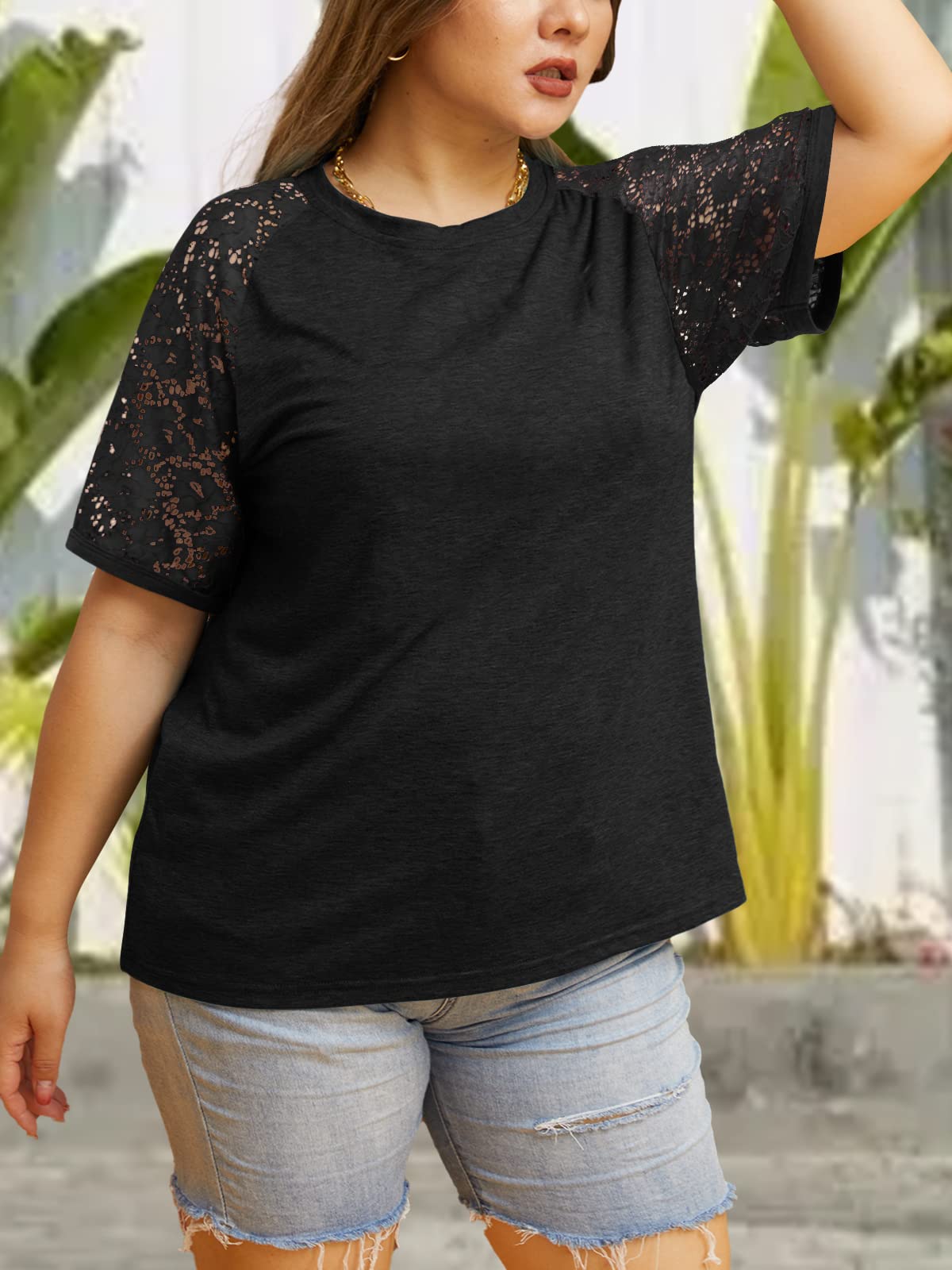 HDLTE Plus Size Tops for Women Summer Round Neck Casual Shirts Lace Short Sleeve Tees Blouse (Black, 1X)