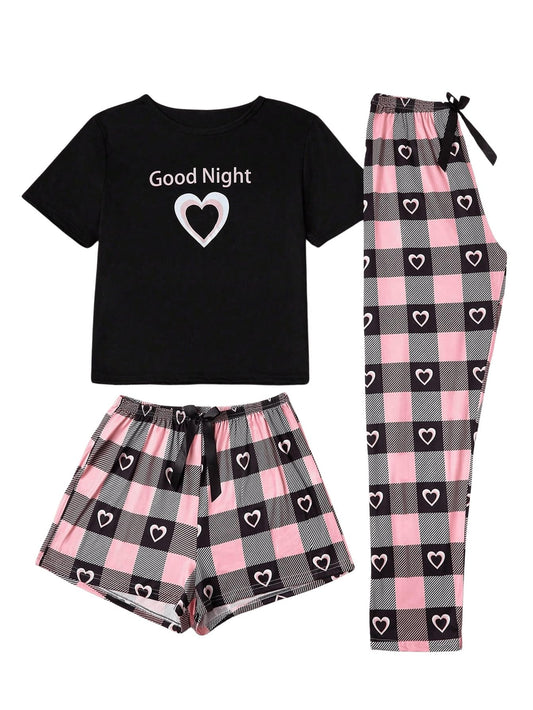 WDIRARA Women's 3 Piece Plaid Heart Print Pajama Set Short Sleeve Tee Lounge Shorts and Pants Sleepwear Multicolor Small