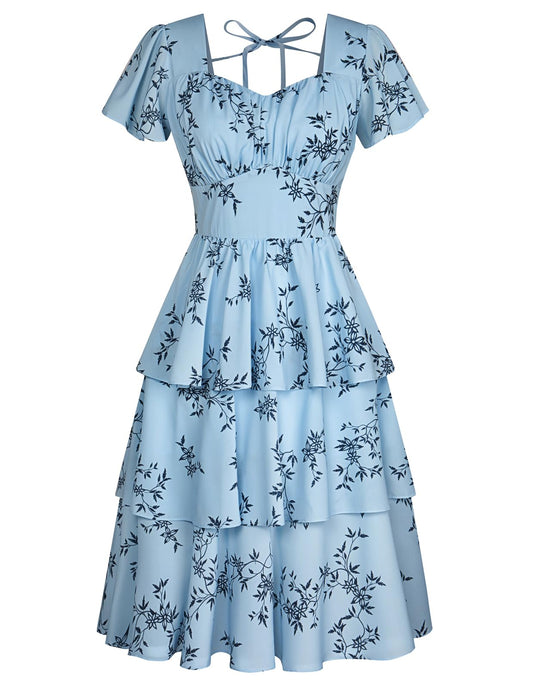 Belle Poque Women's Square Neck Tiered Ruffle Dress 2024 Vintage Layered A-line Swing Midi Dress Blue Floral XX-Larg