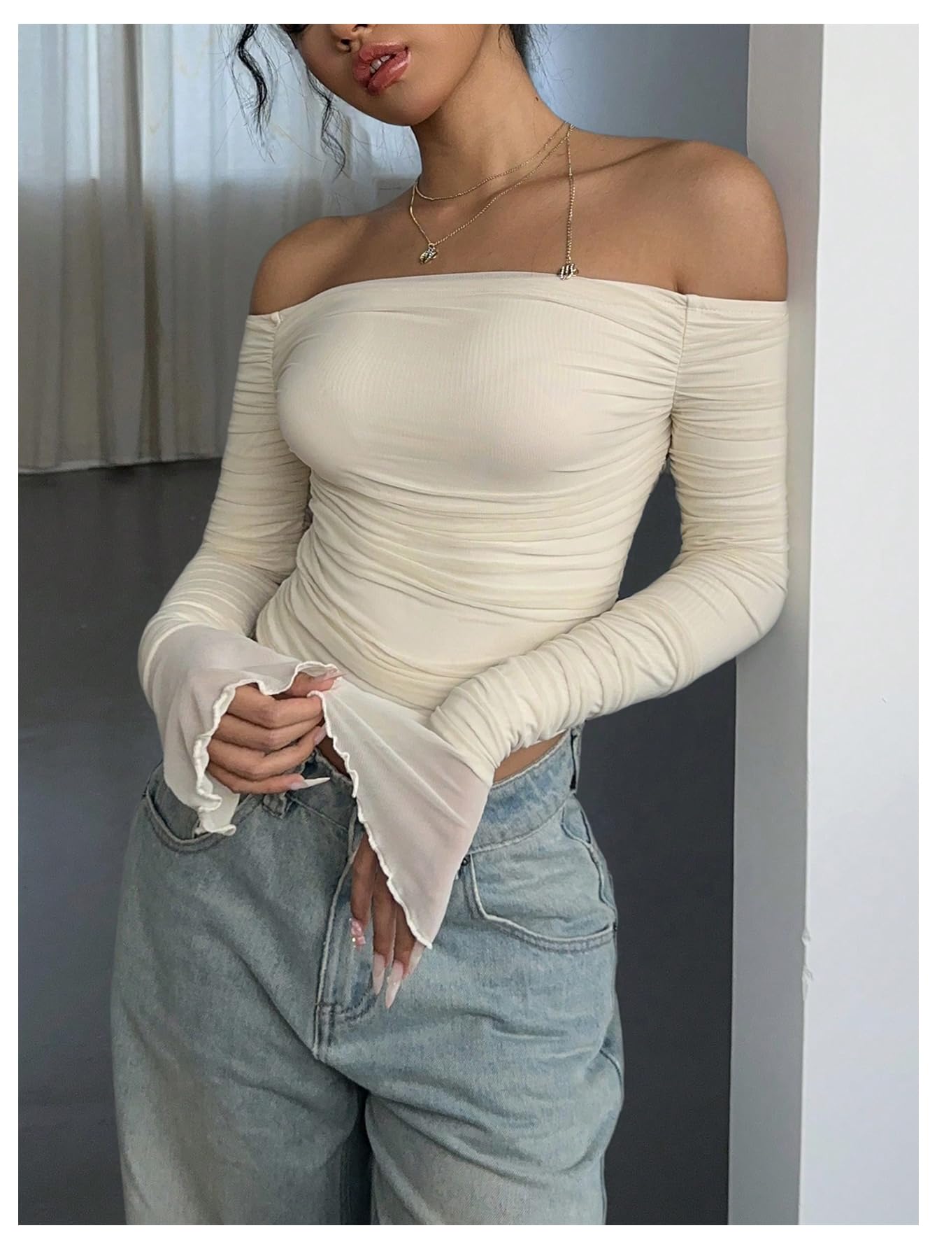 Milumia Women's Off The Shoulder Long Bell Sleeve Shirt Top Ruched Mesh Fitted Going Out Y2K Crop Top Apricot Small