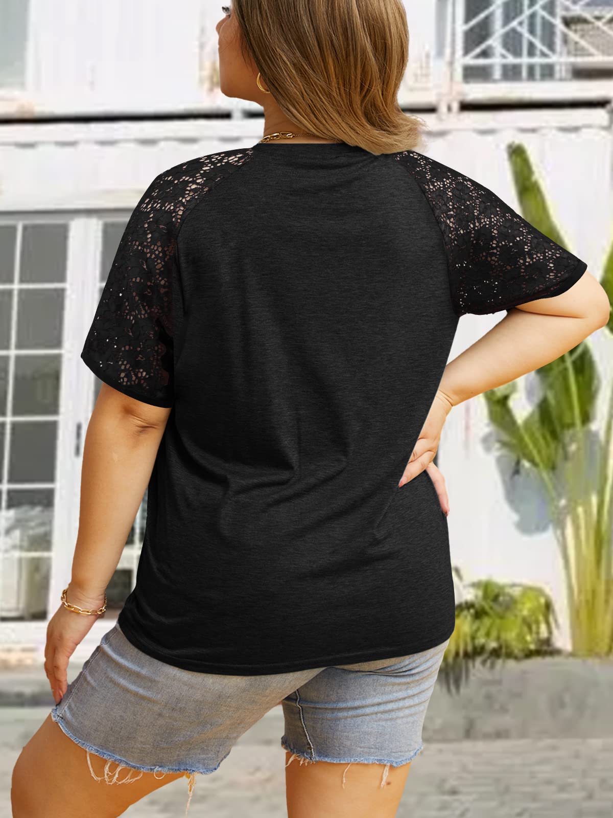 HDLTE Plus Size Tops for Women Summer Round Neck Casual Shirts Lace Short Sleeve Tees Blouse (Black, 1X)