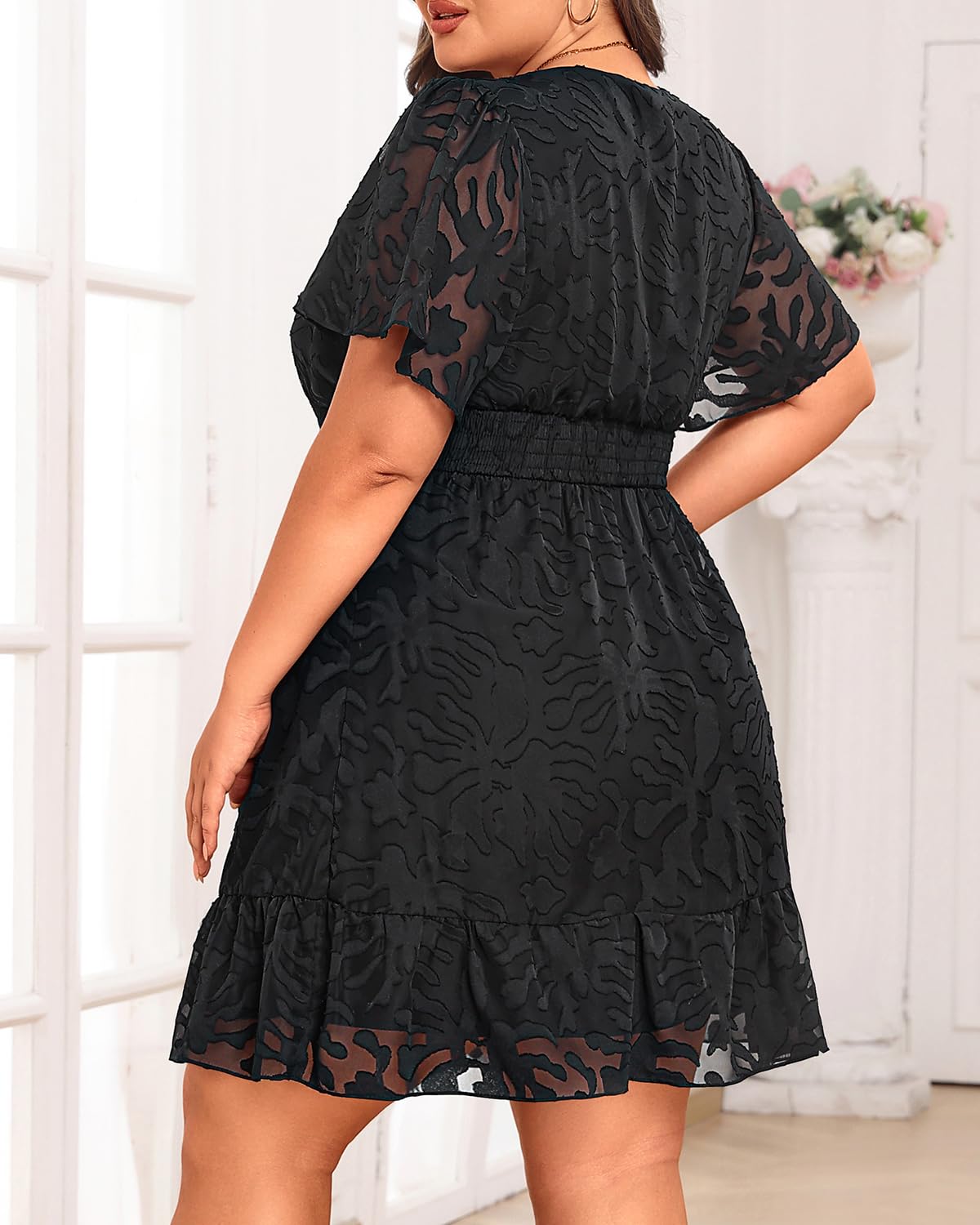 Pinup Fashion Black Plus Size Summer Dresses Graduation Casual Semi Formal Floral Lace Flutter Sleeve Smocked Short Dresses 2025